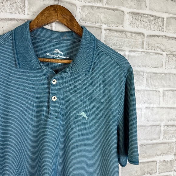 Tommy Bahama Coastal Green Fine Striped Poly Blend Collared Polo Shirt MEN LARGE - Picture 1 of 8